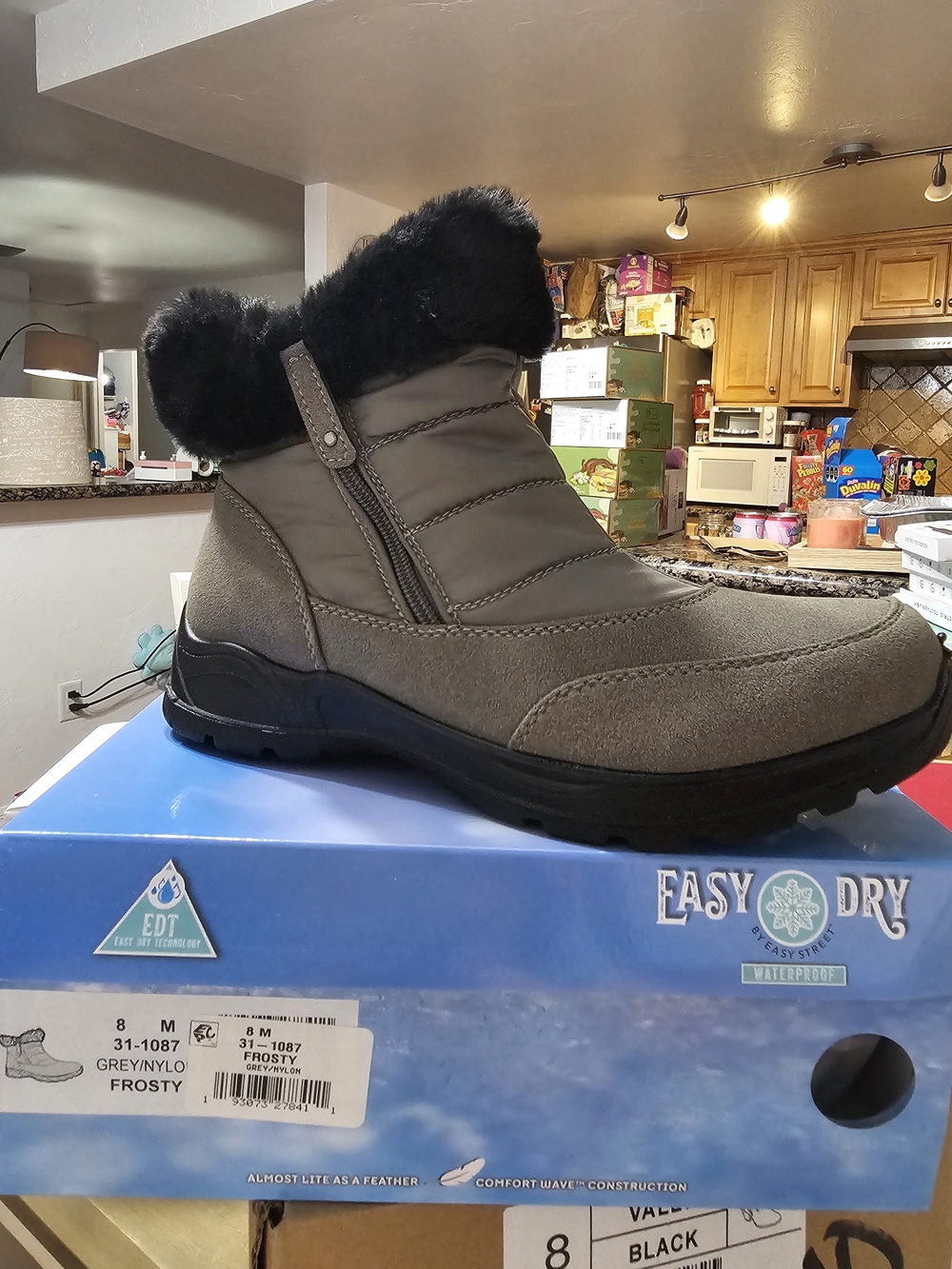 easy street Frosty Women's Grey Winter Ankle Boots with Black Faux Fur Collar